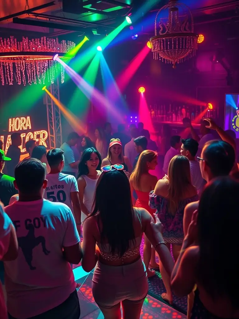 A lively Hora Loca scene with a glitter bar and LED dance floor.