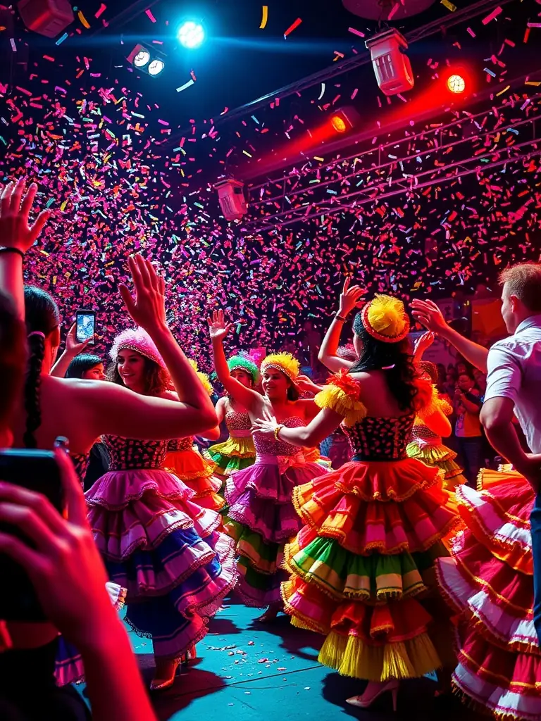 Dancers in colorful costumes performing during a lively Hora Loca event.