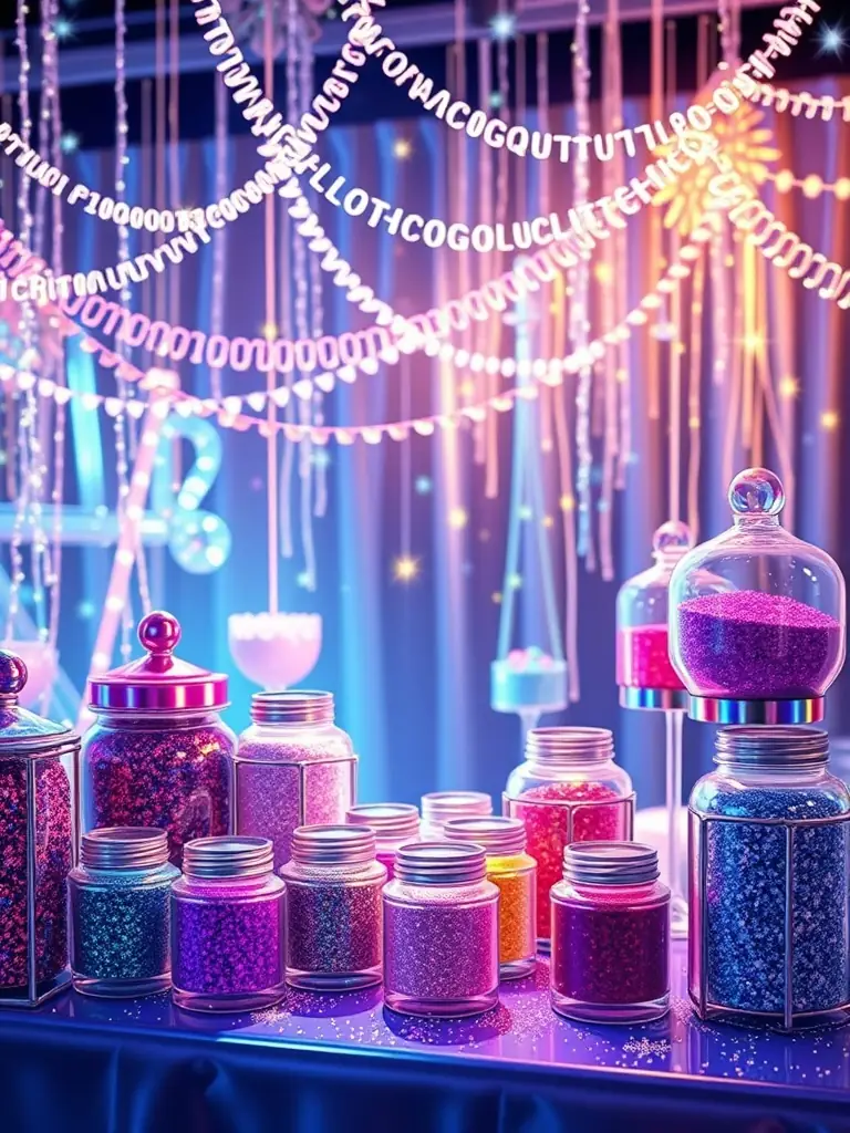 A glitter bar setup with shimmering decorations and various glitter options.