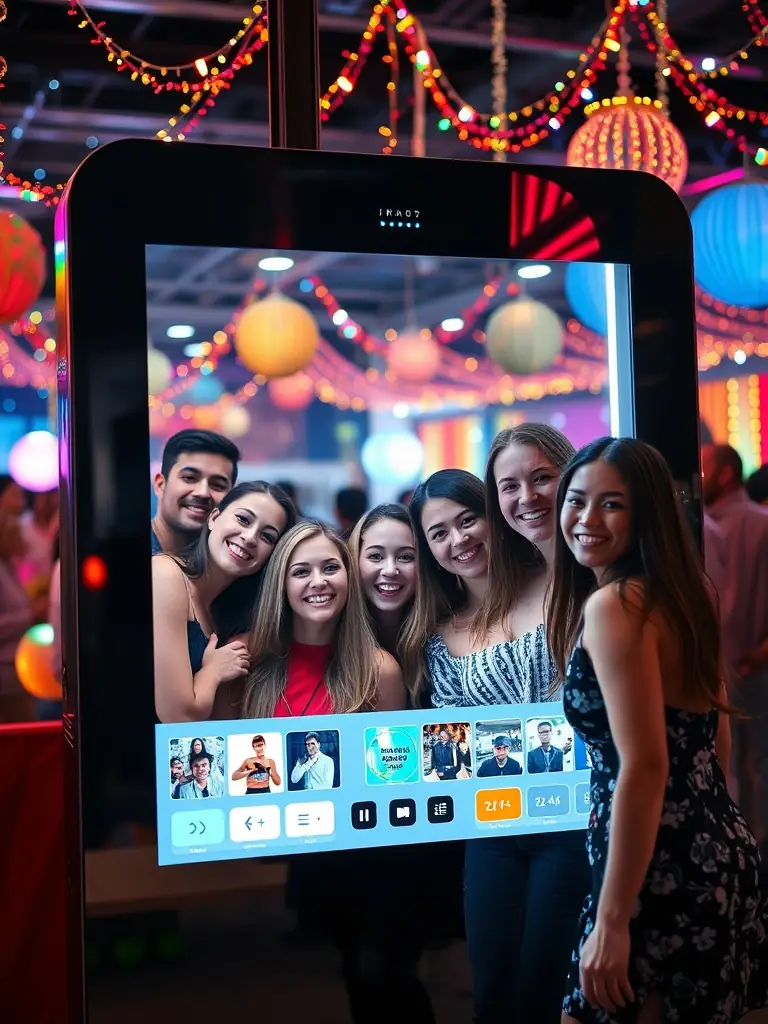 Guests enjoying an interactive mirror photo booth.
