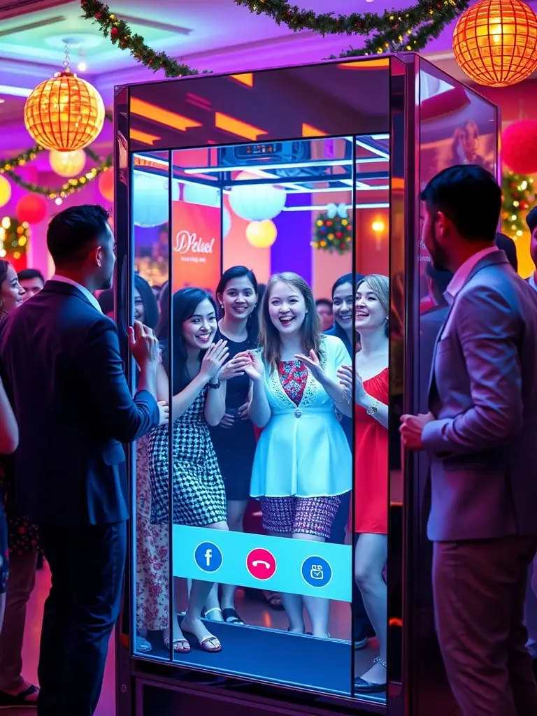 Guests interacting with a sleek mirror photo booth.