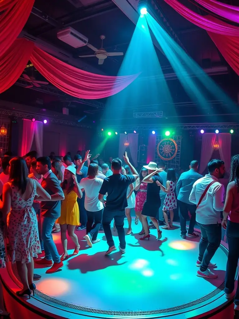 A 360 platform capturing guests in motion at a lively event.