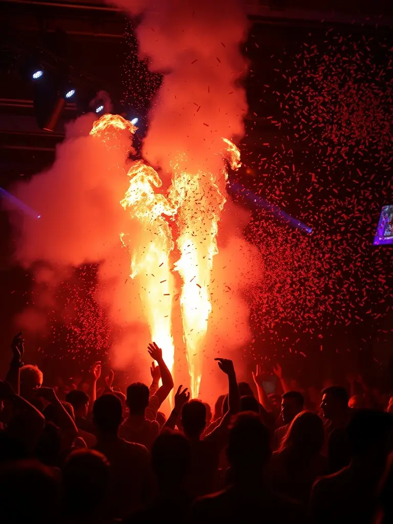 A thrilling special effects display with cold fire, CO2 guns, and confetti guns at an event.