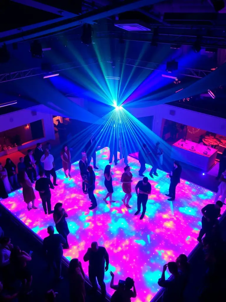 An LED dance floor illuminated with colorful lights, creating a lively atmosphere.