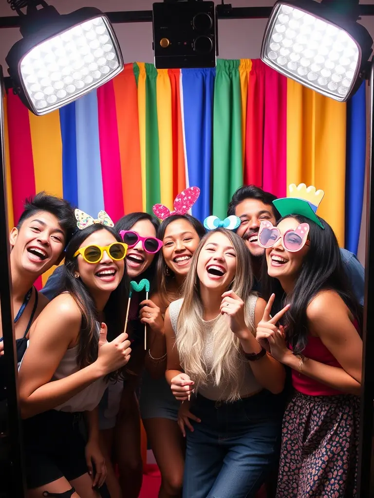 Guests enjoying a lively photo booth session with props and laughter.